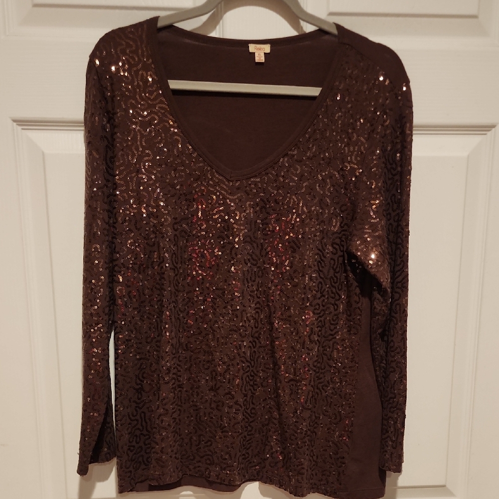Reba Brown Sequin Blouse with Long Sleeves